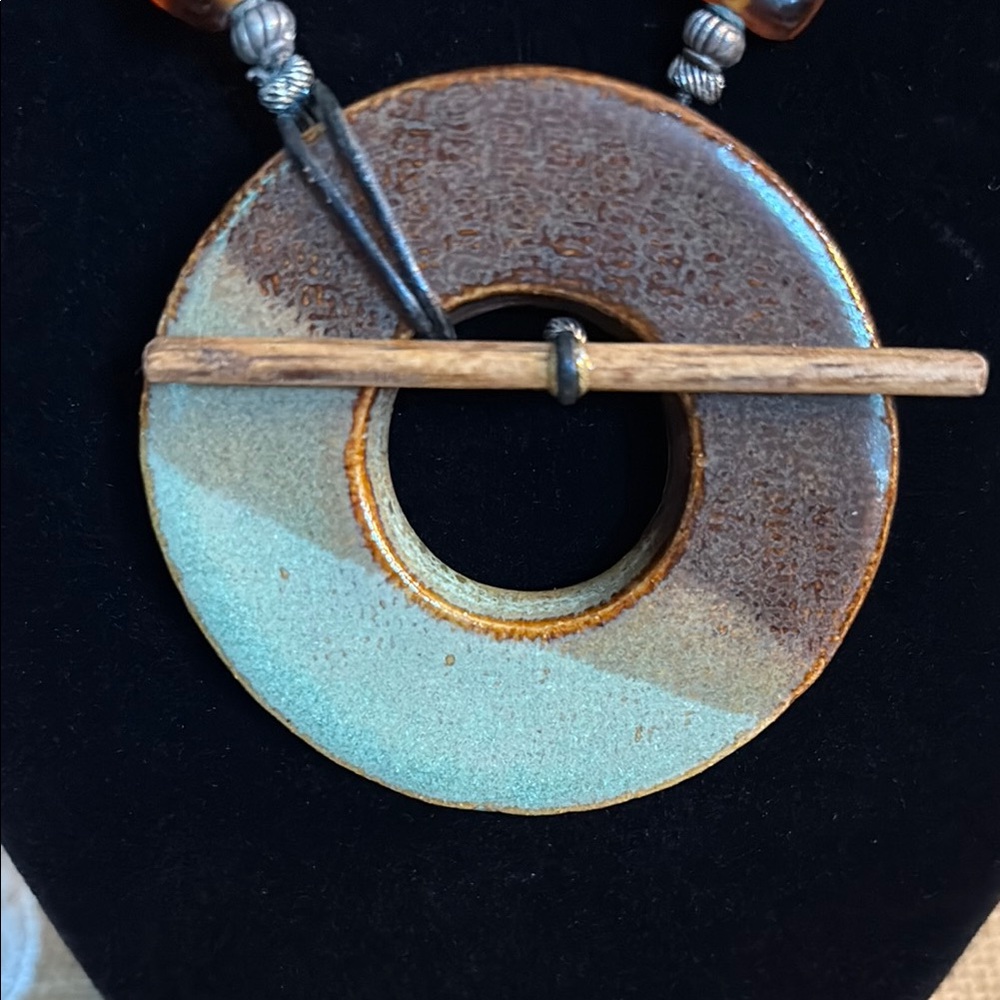 Handcrafted Pottery Brown and Blue Pendant Necklace - Picture 5 of 6